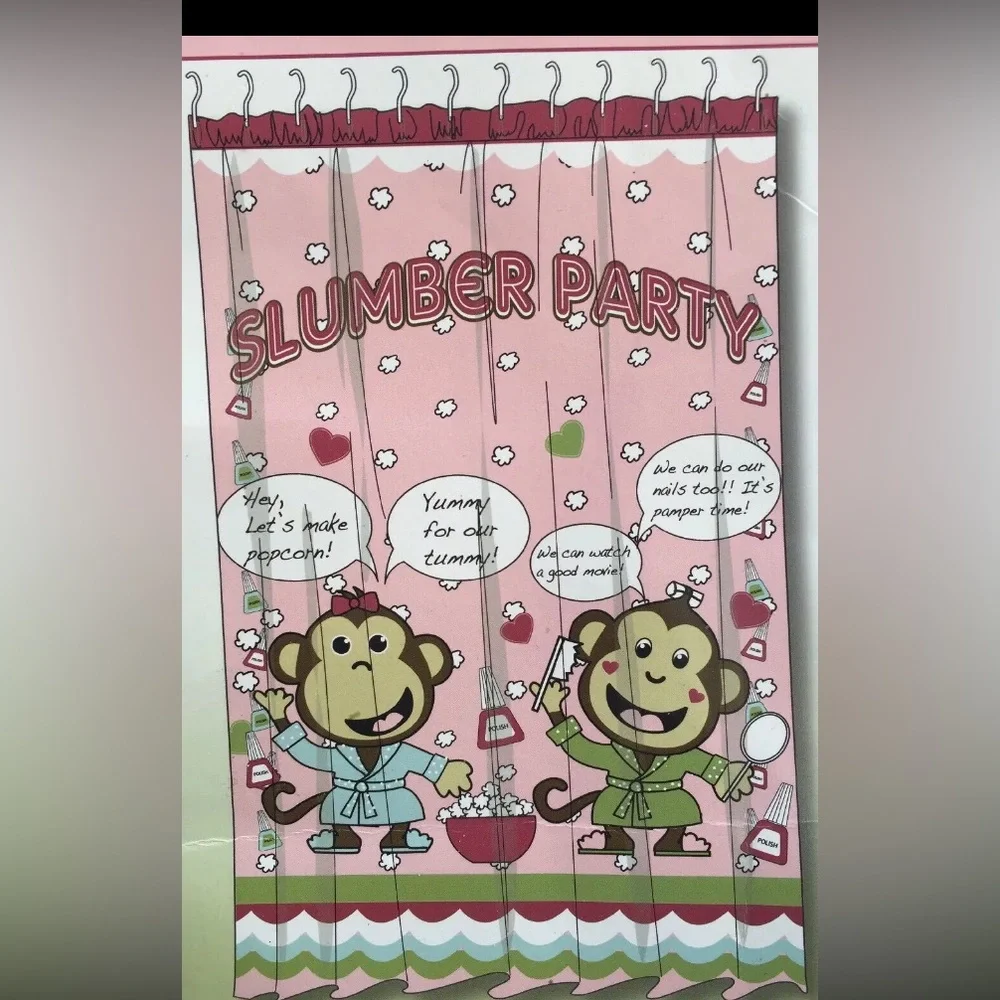 Pink Girls Teens Fabric Shower Curtain Cute Monkeys Slumber Party Girly Bathroom